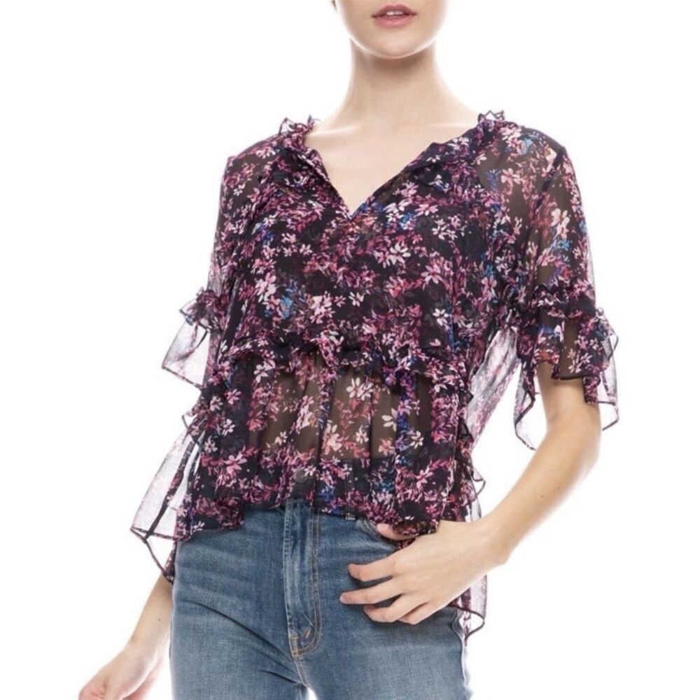 MISA Los Angeles Abigail Short Sleeve Floral Ruffle Semi Sheer Blouse Top Size M
